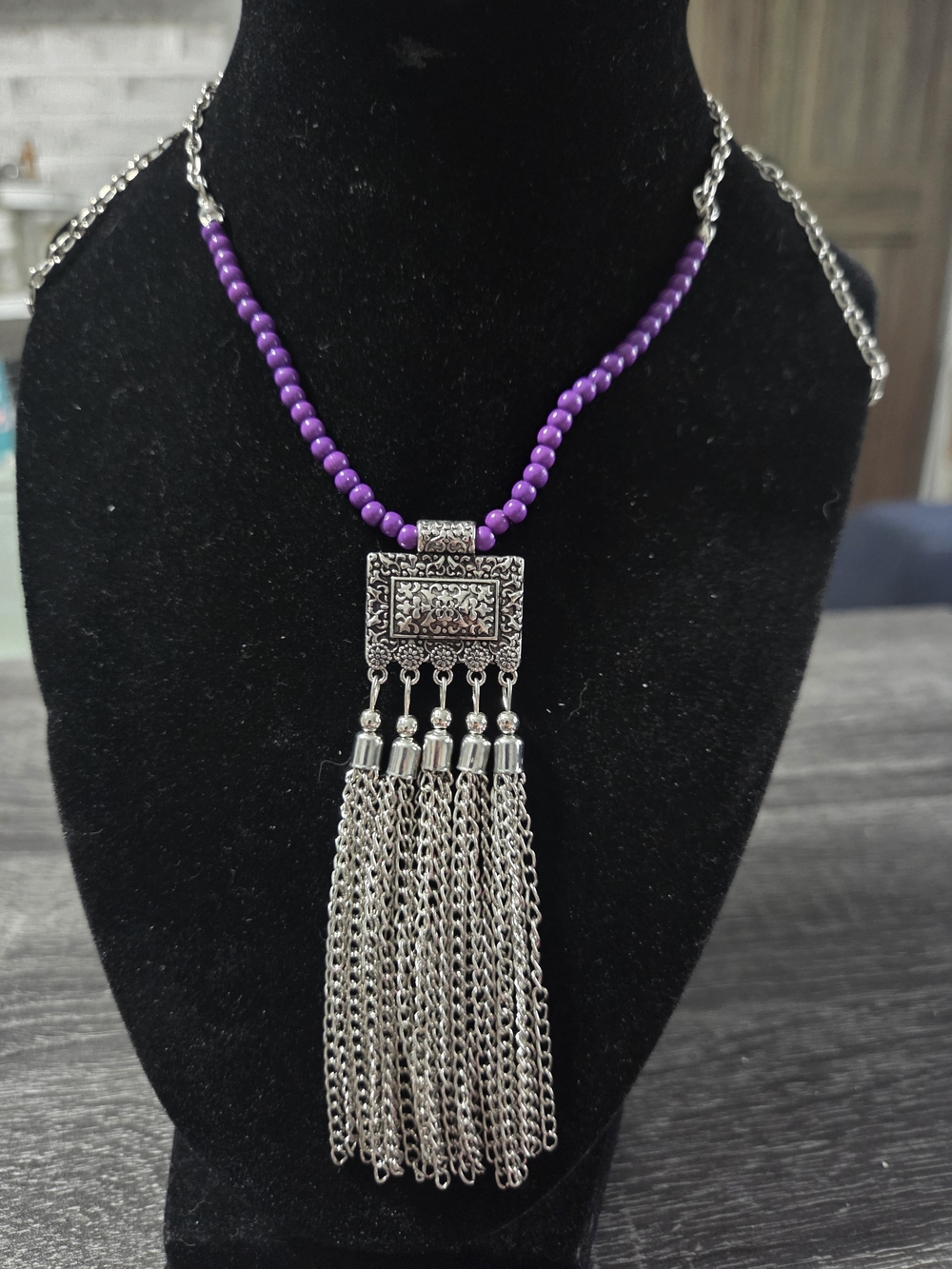 #167 paparazzi Purple Beaded Necklace with Silver Tassel Pendant